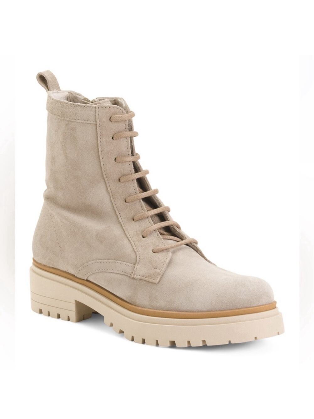Bertuchi Leather Combat Boots Beige Suede Zipper Lace Up Women's Size 7.5